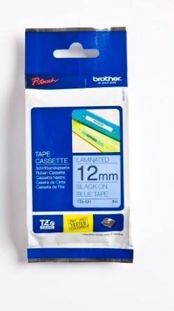 Brother TZe-531 12mm Mavi üzerine Siyah Laminasyonlu Muadil Etiket