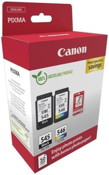 Canon Mürekkep ve Kağıt Çoklu Paket - PG-545/CL-546 Orijinal Yazıcı Mürekkep Kartuşları 2'li Paket (1 x Siyah, 1 x Renk) ve 4x6 Fotoğraf Kağıdı (50 x Yaprak) 