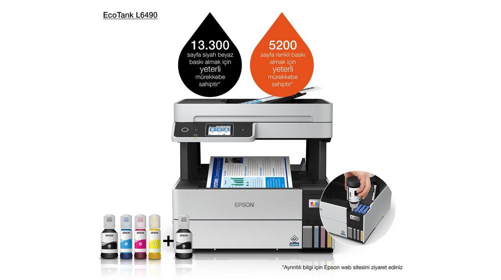 EPSON EcoTank L6490 Yazıcı Tarayıcı Fotokopi Faks Wi-F Direct Inkjet Tanklı 