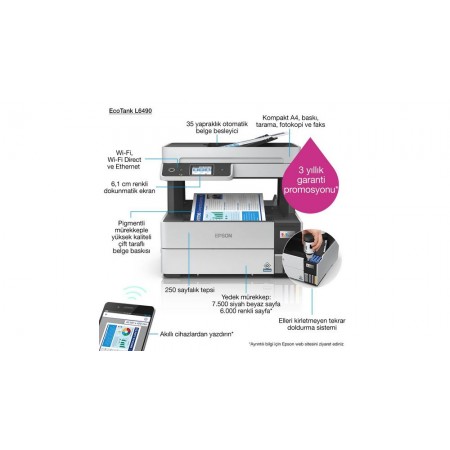 EPSON EcoTank L6490 Yazıcı Tarayıcı Fotokopi Faks Wi-F Direct Inkjet Tanklı EPSON EcoTank L6490 Yazıcı Tarayıcı Fotokopi Faks Wi-F Direct Inkjet Tanklı
