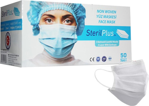 Steril Plus 3 Katlı Ultrasonik 50 Adet Burun Telli Ağız Maskesi